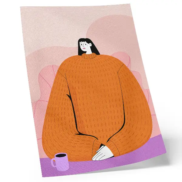 Lámina artística de alta calidad personaje con suéter naranja sobre fondo rosa