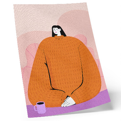 Lámina artística de alta calidad Imagen de un personaje con un suéter naranja sobre un fondo rosa.