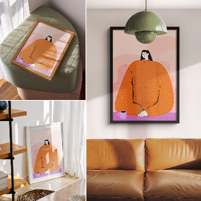 Lámina artística de alta calidad Imagen de un personaje con un suéter naranja sobre un fondo rosa.