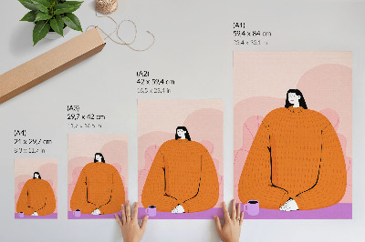 Lámina artística de alta calidad Imagen de un personaje con un suéter naranja sobre un fondo rosa.