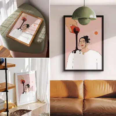 Póster de figura minimalista con colores saturados bajo un arroyo oscuro
