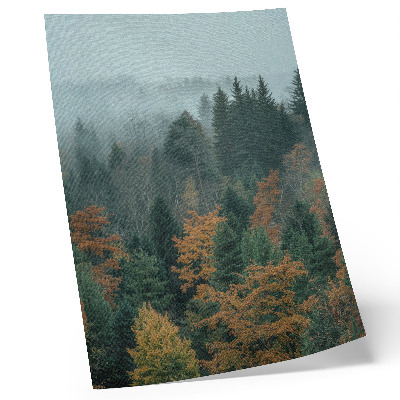 Póster Árboles verdes, niebla, hojas naranjas, paz