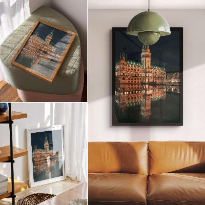 Póster de arquitectura clásica con colores saturados al atardecer