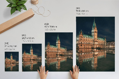 Póster de arquitectura clásica con colores saturados al atardecer