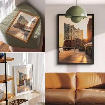 Póster con diseño de elegancia del atardecer en un paisaje urbano