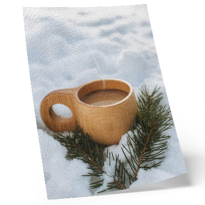 Lienzo decorativo moderno Taza de madera, paisaje nevado, ramitas verdes