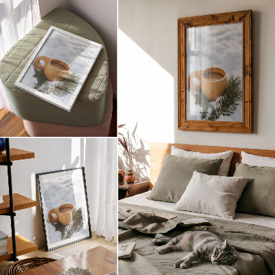 Lienzo decorativo moderno Taza de madera, paisaje nevado, ramitas verdes