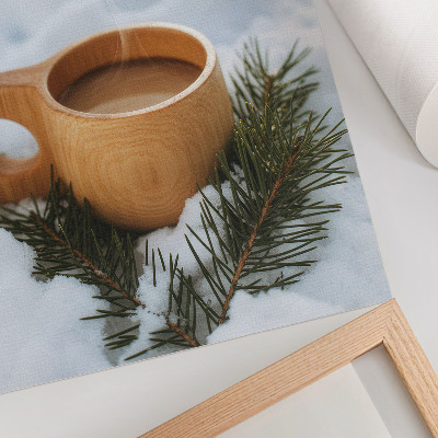 Lienzo decorativo moderno Taza de madera, paisaje nevado, ramitas verdes