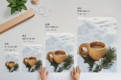 Lienzo decorativo moderno taza de madera con diseño de paisaje nevado y ramitas verdes