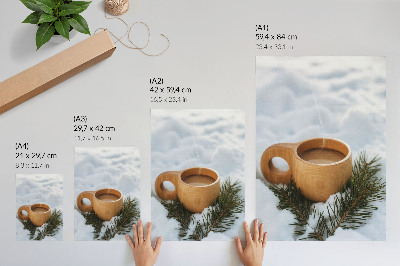 Lienzo decorativo moderno Taza de madera, paisaje nevado, ramitas verdes