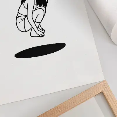 Lámina artística de alta calidad figura agachada sobre fondo blanco minimalista