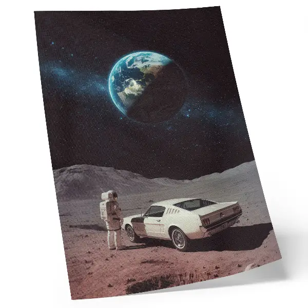 Póster de astronauta en la luna con la Tierra y estrellas