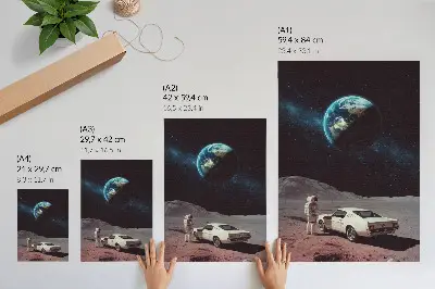 Póster de astronauta en la luna con la Tierra y estrellas
