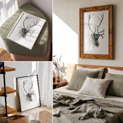 Póster de renos majestuosos con diseño de alto contraste en blanco y negro y colores saturados
