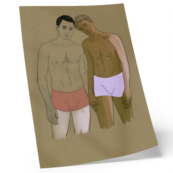 Lámina artística de alta calidad Ilustración de hombres en ropa interior en colores cálidos.