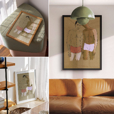 Lámina artística de alta calidad Ilustración de hombres en ropa interior en colores cálidos.