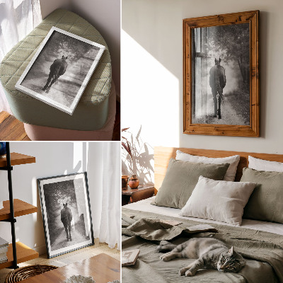 Lienzo decorativo moderno fotografía de un caballo en blanco y negro dentro del bosque