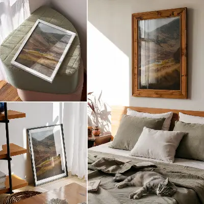 Póster paisaje de montaña con una cabaña solitaria en la naturaleza