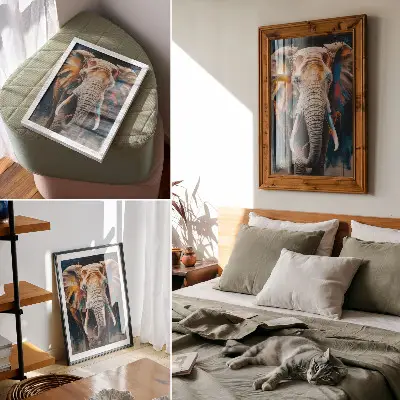Lámina artística de elefante con diseño de silueta colorida en estilo surrealista moderno