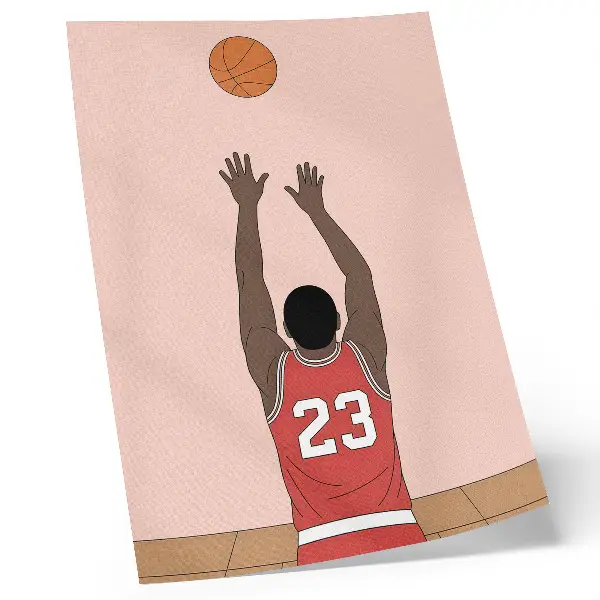 Póster de jugador de baloncesto diseño en colores saturados con jugador y balón en el aire