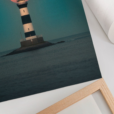 Lámina artística de alta calidad Faro y luna sobre el mar al atardecer.