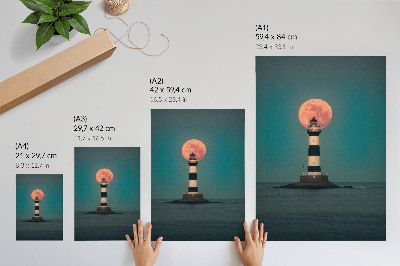 Lámina artística de alta calidad Faro y luna sobre el mar al atardecer.