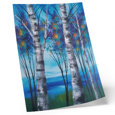 Lámina artística de alta calidad Abedules coloridos con fondo azul y toques cálidos.