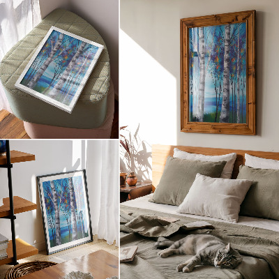 Lámina artística de alta calidad Abedules coloridos con fondo azul y toques cálidos.
