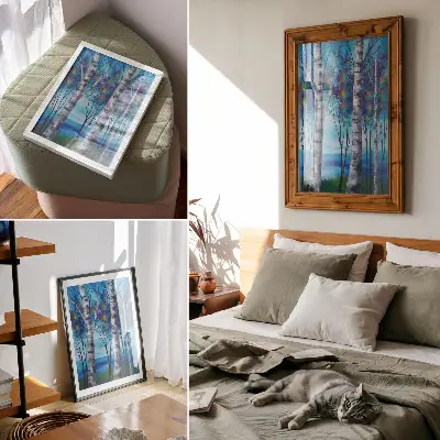 Lámina artística de abedules coloridos con fondo azul y toques cálidos