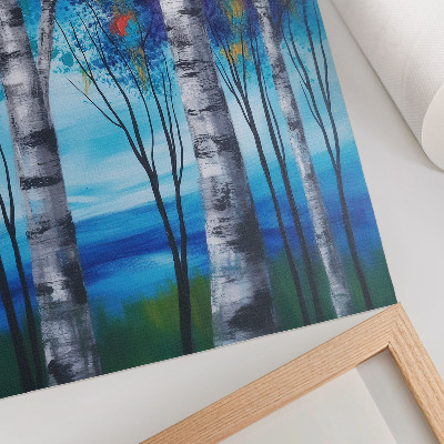 Lámina artística de alta calidad Abedules coloridos con fondo azul y toques cálidos.