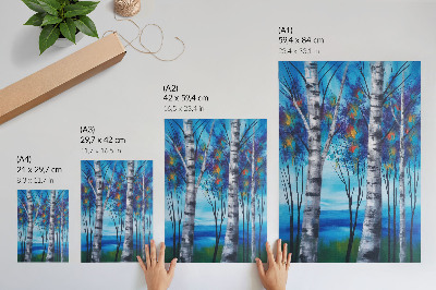 Lámina artística de alta calidad Abedules coloridos con fondo azul y toques cálidos.