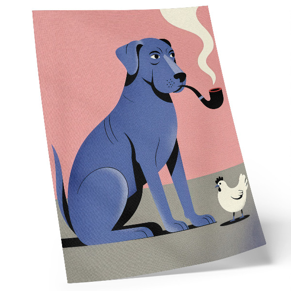 Póster con colores saturados Perro azul con pipa y gallina sobre fondo rosa
