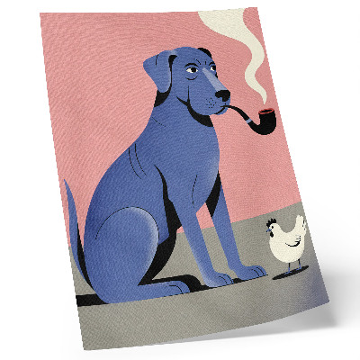 Póster con colores saturados Perro azul con pipa y gallina sobre fondo rosa