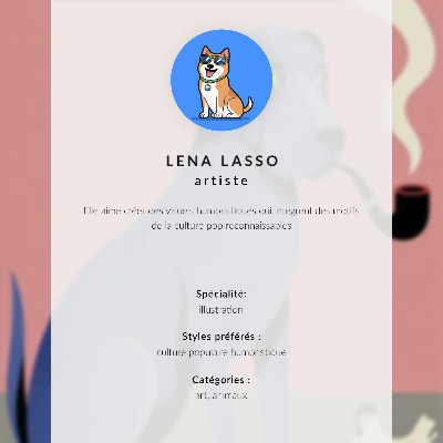 Póster con colores saturados Perro azul con pipa y gallina sobre fondo rosa