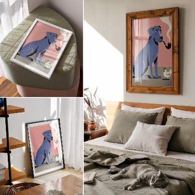 Póster con colores saturados Perro azul con pipa y gallina sobre fondo rosa