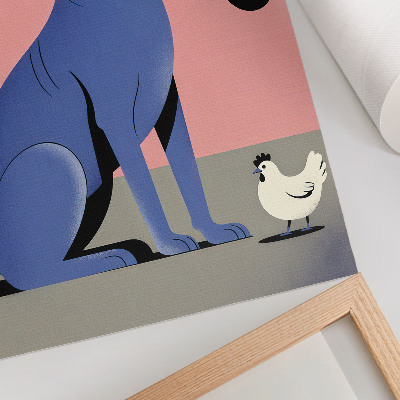 Póster con colores saturados Perro azul con pipa y gallina sobre fondo rosa