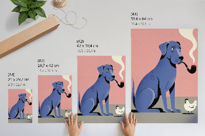 Póster con colores saturados Perro azul con pipa y gallina sobre fondo rosa
