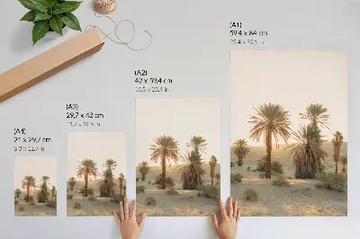 Póster de palmeras y sol con dunas suaves en colores cálidos saturados