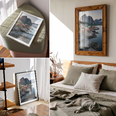 Póster con colores saturados Cabañas junto al mar, montañas, paz, naturaleza, paisaje