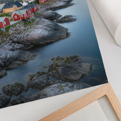 Póster con colores saturados Cabañas junto al mar, montañas, paz, naturaleza, paisaje