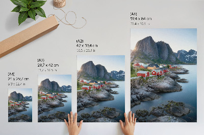 Póster con colores saturados Cabañas junto al mar, montañas, paz, naturaleza, paisaje