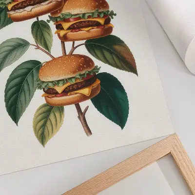Lámina artística de alta calidad que representa hamburguesas creciendo en las ramas de un árbol verde