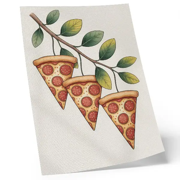 Póster de rebanadas de pizza en una rama de árbol, colores alegres y saturados