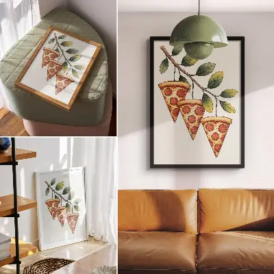 Póster de rebanadas de pizza en una rama de árbol, colores alegres y saturados