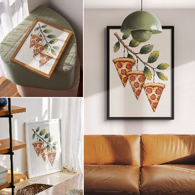 Póster con colores saturados Rebanadas de pizza en la rama de un árbol en colores alegres.