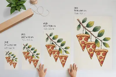Póster de rebanadas de pizza en una rama de árbol, colores alegres y saturados