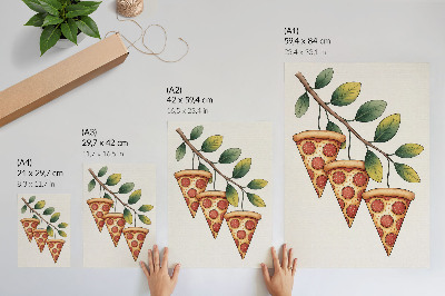 Póster con colores saturados Rebanadas de pizza en la rama de un árbol en colores alegres.