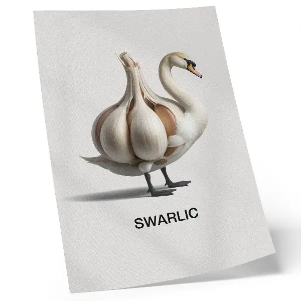 Póster de cisne surrealista con diseño de ajo y colores saturados