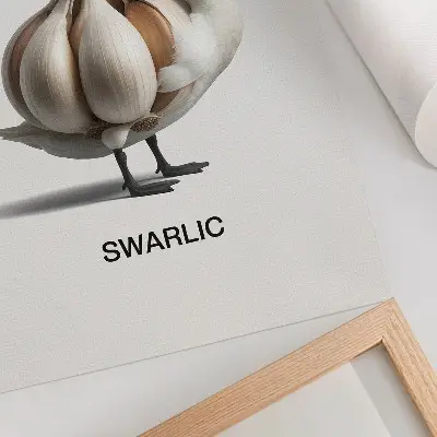 Póster de cisne surrealista con diseño de ajo y colores saturados