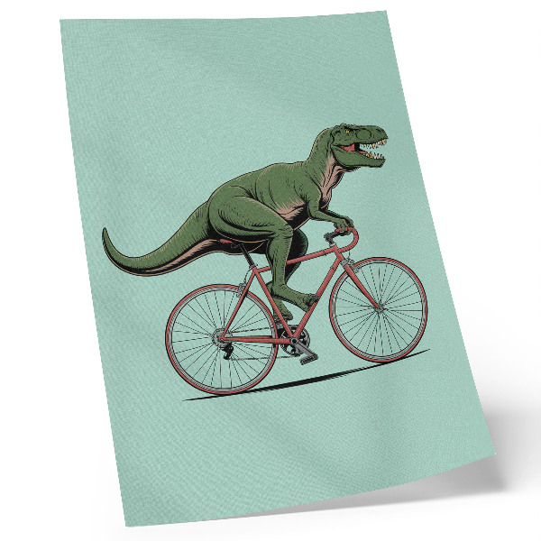 Póster Dinosaurio verde en bicicleta sobre un fondo turquesa